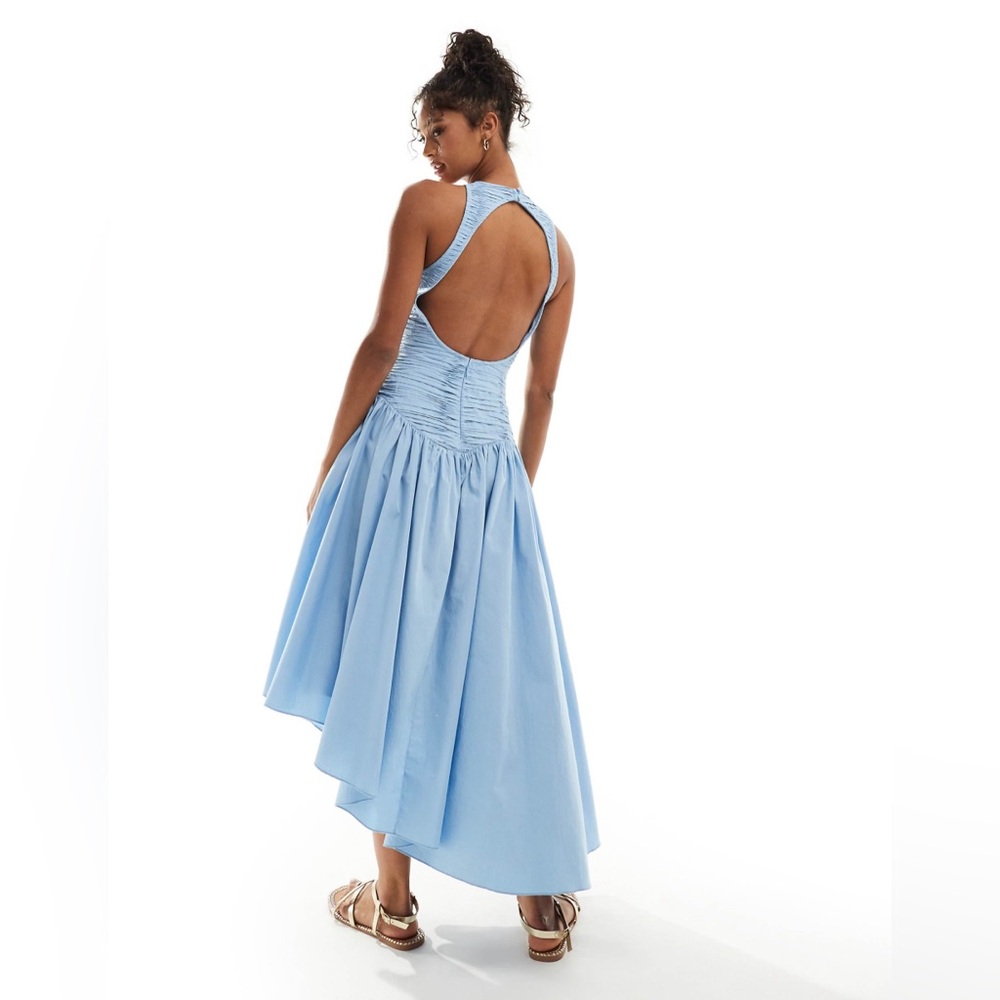 **SOLD** ASOS DESIGN ruched micro pleat bodice midi dress with open back in blue - Picture 1 of 8
